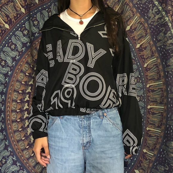 Forever 21 Black White Hooded Windbreaker 1991 Med - Picture 1 of 16